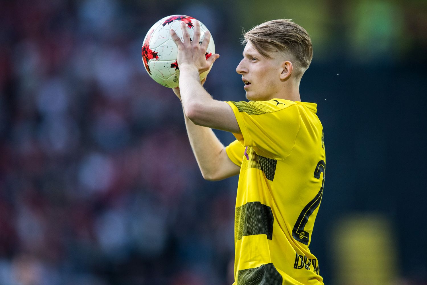 DORTMUND, GERMANY - MAY 22: Jan-Niklas Beste of Dortmund holds the ball during the U19 German Championship Final between Borussia Dortmund and FC Bayern Muenchen on May 22, 2017 in Dortmund, Germany. (Photo by Lukas Schulze/Bongarts/Getty Images)