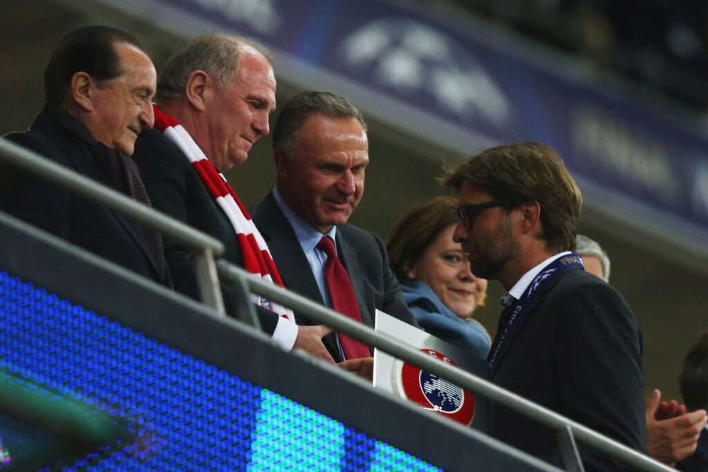 Uli Hoeneß, Karl-Heinz Rummenigge, Jürgen Klopp beim Finale der Champions League 2013 in Wembley.