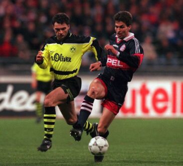 Stephane Chapuisat im Zweikampf mit Markus Babbel vom FC Bayern München in der Champions League.