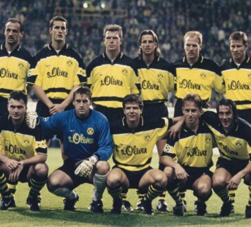 BVB in der Champions League 1997 mit Andreas Möller, Matthias Sammer, Knut Reinhardt, Jürgen Kohler, Heiko Herrlich, Wolfgang Feiersinger, Jörg Heinrich, Stefan Klos, Paulo Sosa, Stefan Reuter, Stephane Chapuisat