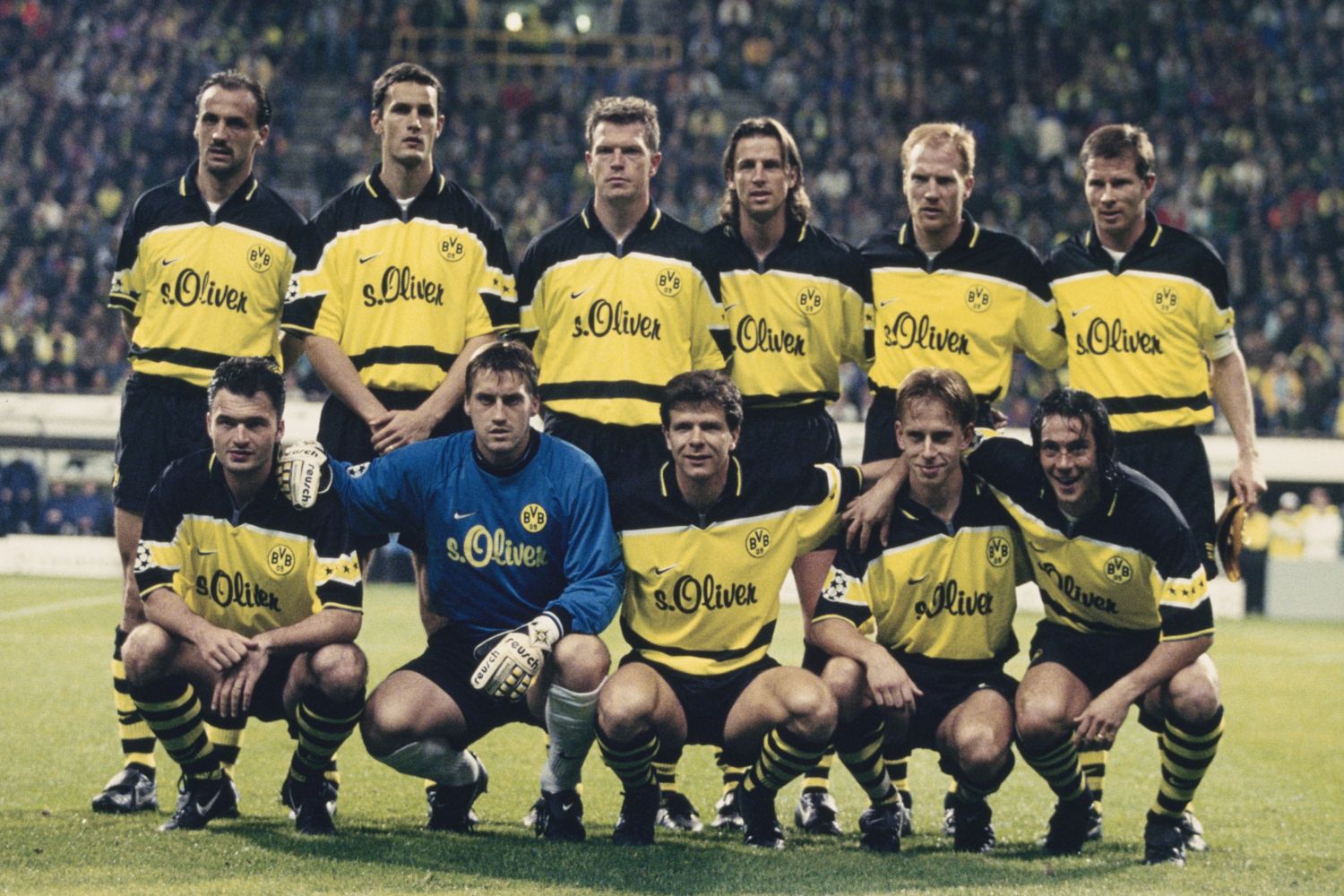 BVB in der Champions League 1997 mit Andreas Möller, Matthias Sammer, Knut Reinhardt, Jürgen Kohler, Heiko Herrlich, Wolfgang Feiersinger, Jörg Heinrich, Stefan Klos, Paulo Sosa, Stefan Reuter, Stephane Chapuisat