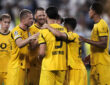 Juventus FC v Borussia Dortmund - UEFA Champions League Ramy Bensebaini of Borussia Dortmund celebrates with teammates after scoring a goal during the UEFA Champions League