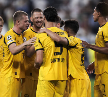Juventus FC v Borussia Dortmund - UEFA Champions League Ramy Bensebaini of Borussia Dortmund celebrates with teammates after scoring a goal during the UEFA Champions League