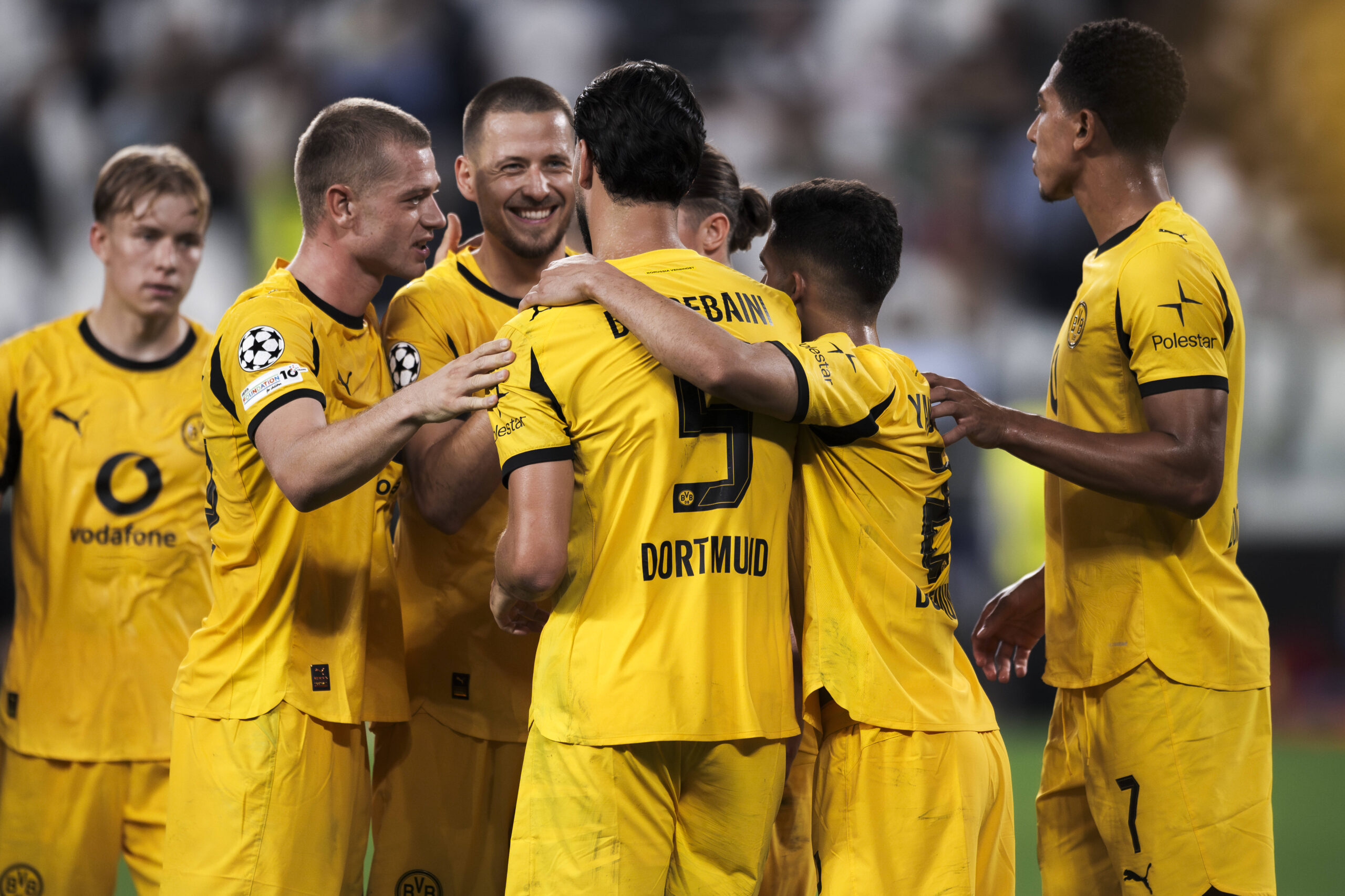 Juventus FC v Borussia Dortmund - UEFA Champions League Ramy Bensebaini of Borussia Dortmund celebrates with teammates after scoring a goal during the UEFA Champions League