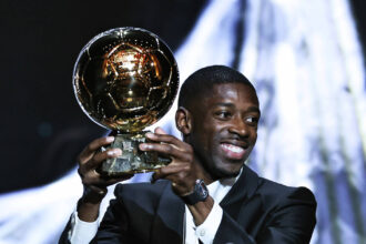 250923 -- PARIS, Sept. 23, 2025 -- Paris Saint-Germain s French player Ousmane Dembele poses with his trophy after winning the men s Ballon d Or awards during the 2025 Ballon d Or France Football award ceremony at the Theatre du Chatelet in Paris, France, on Sept. 22, 2025. SPFRANCE-PARIS-FOOTBALL-BALLON D OR CEREMONY GaoxJing PUBLICATIONxNOTxINxCHN