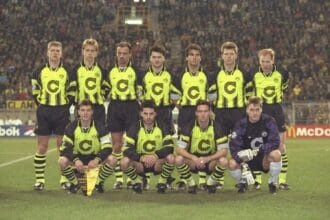 Stefan Klos, Paul Lambert, Jürgen Kohler, Martin Kree, Matthias Sammer, Jörg Heinrich, Knut Reinhardt, Rene Tretschok, Michael Zorc, Stephane Chapuisat, Karl-Heinz Riedle, Steaua Bukarest, Westfalenstadion, Champions League, 1996