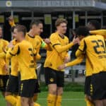 Mittwoch, 21.10.2025 Saison 2025 2026 3. Spieltag UEFA Youth League im Tingbjerg Idraetspark, Kopenhagen, Denmark. FC Kopenhagen U19 - BV Borussia Dortmund U19. Torjubel nach dem 1:0 durch Pharell Kegni BVB. *** Wednesday, 21 10 2025 Season 2025 2026 Matchday 3 UEFA Youth League at Tingbjerg Idraetspark, Copenhagen, Denmark FC Copenhagen U19 BV Borussia Dortmund U19 Goal celebration after the 1 0 by Pharell Kegni BVB