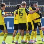 Regionalliga West: Borussia Dortmund U23 - SSVg Velbert 02 ** NUR F‹R REDAKTIONELLE ZWECKE ** EDITORIAL USE ONLY **Fussball Regionalliga West 12.Spieltag Samstag 18.10.2025 Stadion Rote Erde Dortmund Borussia Dortmund II - SSVg Velbert 02 Im Bild Torjubel BVB U23 links Arne Wessels rechts Almugera Kabar Deutschland Dortmund Copyright: StefanxRittershaus *** Regionalliga West Borussia Dortmund U23 SSVg Velbert 02 FOR EDITORIAL PURPOSES ONLY p Soccer Regionalliga West 12 Matchday Saturday 18 10 2025 Stadion Rote Erde Dortmund Borussia Dortmund II SSVg Velbert 02 In the picture Goal celebration BVB U23 left Arne Wessels right Almugera Kabar Germany Dortmund Copyright StefanxRittershaus Copyright: StefanxRittershaus doc82vhnbgx3o43a38caku ,EDITORIAL USE ONLY