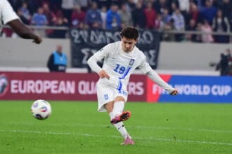 Greece vs Scotland 2026 FIFA World Cup, WM, Weltmeisterschaft, Fussball European Qualifiers - Konstantinos Karetsas of Greece in action while scoring the 2-0 during the 2026 FIFA World Cup Qualifiers Group C Matchday 9 held at Karaiskakis Stadium, Piraeus, Greece, on November 15, 2025. IMAGO/ONE INCH PRODUCTIONS PIRAEUS GREECE Copyright: xOnexInchxProductionsx 6736690
