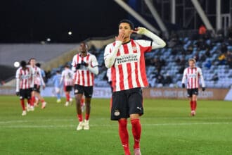 Manchester, England, 28th November 2025. Ayodele Thomas of PSV Eindhoven celebrates scoring his sides second goal during the Manchester City U21, U 21 vs PSV Eindhoven U21 Premier League International Cup match at the Academy Stadium, Manchester. Picture credit should read: Cody Froggatt / Sportimage EDITORIAL USE ONLY. No use with unauthorised audio, video, data, fixture lists, club/league logos or live services. Online in-match use limited to 120 images, no video emulation. No use in betting, games or single club/league/player publications. SPI_008_CF_MANCHESTER_CITY_U21_V_PSV_EINDHOVEN_U21 SPI-4330-0008