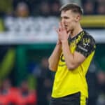 02.12.2025, Fuﬂball, DFB-Pokal, Borussia Dortmund - Bayer 04 Leverkusen, Achtelfinale, Signal Iduna Park, Saison 2025 2026: Nico Schlotterbeck BVB 04 r¸mpft Entt‰uscht die Nase Entt‰uschung Mimik Gestik DFB regulations prohibit any use of photographs as image sequences and or quasi-video. Nordrhein-Westfalen Deutschland *** 02 12 2025, Football, DFB Cup, Borussia Dortmund Bayer 04 Leverkusen, Round of 16, Signal Iduna Park, Season 2025 2026 Nico Schlotterbeck BVB 04 turns up his nose in disappointment Disappointment Mimic gestures DFB regulations prohibit any use of photographs as image sequences and or quasi video North Rhine-Westphalia Germany