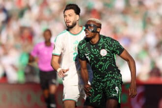 Marrakech, Morocco - January 10: Ramy Bensebaini of Algeria national team, Nationalteam and Victor Osimhen of Nigeria national team during the Africa Cup Of Nations Quarter-final match between Algeria and Nigeria at Marrakesh Stadium on January 10, 2026 in Marrakech, Morocco Algeria v Nigeria - Quarter-final - Africa Cup Of Nations 2025 Copyright: xSFSIx