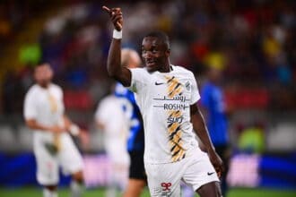 Moussa Diaby of Al Ittihad celebrates after scoring his team s second goal, 4th pre-season friendly match, Inter Milan - Al Ittihad, U-Power Stadium, August 7, 2024, Monza, Italy.