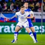 SLOVAKIA - KOSOVO Denis Vavro of Slovakia and VfL Wolfsburg and Fisnik Asllani of Kosovo and TSG Hoffenheim during the knockout KO play off of FIFA World Cup, WM, Weltmeisterschaft, Fussball 2026 WM, Weltmeisterschaft, Fussball WM, Weltmeisterschaft, Fussball qualification football match between Slovakia and Kosovo. Narodny futbalovy stadion, National football stadium, Tehelne Pole, Bratislava, Slovakia, March 26, 2026. Photo by Branislav Racko Copyright: xx 080A1972