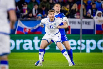 SLOVAKIA - KOSOVO Denis Vavro of Slovakia and VfL Wolfsburg and Fisnik Asllani of Kosovo and TSG Hoffenheim during the knockout KO play off of FIFA World Cup, WM, Weltmeisterschaft, Fussball 2026 WM, Weltmeisterschaft, Fussball WM, Weltmeisterschaft, Fussball qualification football match between Slovakia and Kosovo. Narodny futbalovy stadion, National football stadium, Tehelne Pole, Bratislava, Slovakia, March 26, 2026. Photo by Branislav Racko Copyright: xx 080A1972