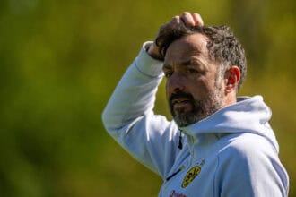Fussball, Saison 2025/2026, Regionalliga West, 26.04.2026, 31. Spieltag, Herren, 1.FC Bocholt rosa vs. Borussia Dortmund gelb /// Daniel Rios Trainer Borussia Dortmund, Bocholt Stadion am Huenting Nordrhein-Westfalen Deutschland *** Soccer, Season 2025 2026, Regionalliga West, 26 04 2026, Matchday 31, Men, 1 FC Bocholt pink vs Borussia Dortmund yellow Daniel Rios Coach Borussia Dortmund , Bocholt Stadion am Huenting Nordrhein Westfalen Germany 260426_fb_1fc-bocholt_borussia-dortmund-u23_51413
