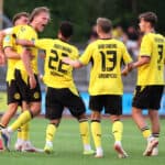 Freitag 14.08.2026, Saison 2026/27, 3. Spieltag der Regionalliga West in der Belkaw Arena Bergisch Gladbach, SV Bergisch Gladbach 09 - BVB 09 Borussia Dortmund II, Dortmunder Torjubel zum 2:1: Jesper Verlaat BVB II, Diego Ngambia Dzonga BVB II, Connor Krempicki BVB II und Finn Fuchs BVB II, v.l. *** Friday, August 14, 2026, 202627 season, Matchday 3 of the Regionalliga West at the Belkaw Arena in Bergisch Gladbach, SV Bergisch Gladbach 09 vs. BVB 09 Borussia Dortmund II Dortmund celebrates its 21 victoryJesper Verlaat BVB II, Diego Ngambia Dzonga BVB II, Connor Krempicki BVB II, and Finn Fuchs BVB II, from left to right