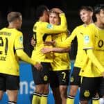 Mittwoch 16.09.2026, Saison 2026/27, Regionalliga West, 4. Spieltag im Stadion Rote Erde Dortmund, BVB Borussia Dortmund II - SV Westfalia Rhynern, Dortmunder Torjubel zum 2:0: Mario Pejazic BVB II, Kevin Mutove BVB II mit Tim Degener BVB II, Arne Wessels BVB II und Fadi Zarqelain BVB II, v.l. *** Wednesday, September 16, 2026, 202627 Season, Regionalliga West, Matchday 4 at Rote Erde Stadium in Dortmund, BVB Borussia Dortmund II vs. SV Westfalia Rhynern, Dortmund fans celebrating the 20 goal by Mario Pejazic BVB II, Kevin Mutove BVB II with Tim Degener BVB II, Arne Wessels BVB II, and Fadi Zarqelain BVB II, from left to right