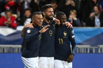 Kylian Mbappé, Olivier Giroud und Ousmane Dembélé